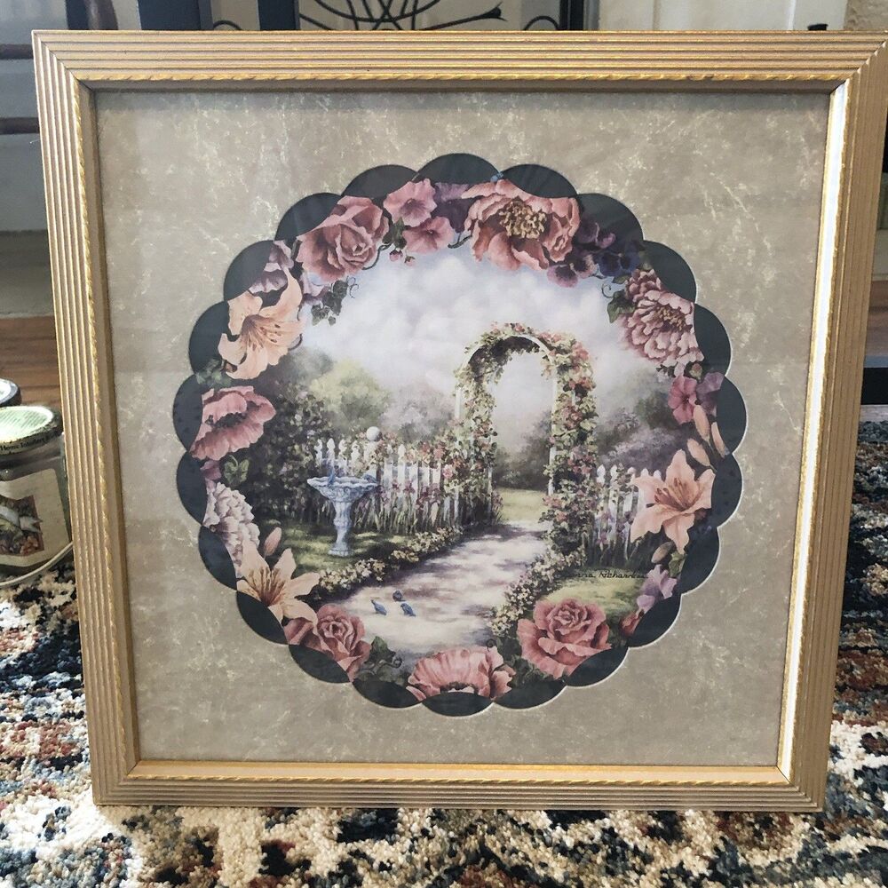 13”x 13” Cottagecore Vintage Gold Framed Garden Scene